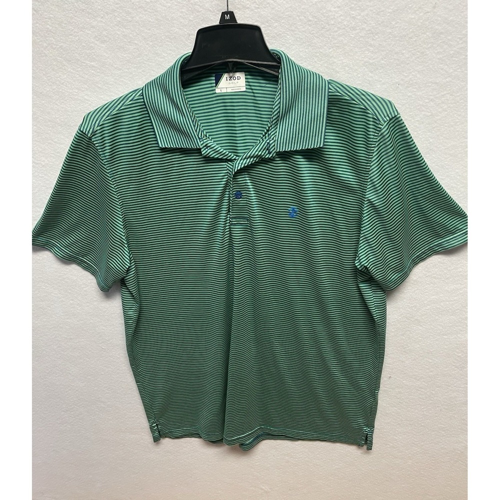 IZOD Golf Polo Shirt Men's Large Green Blue Striped Short Sleeve